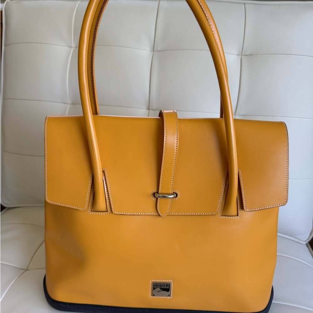 Dooney & Bourke Leather Vintage Parasole Large Flap Bag. Mustard Yellow.